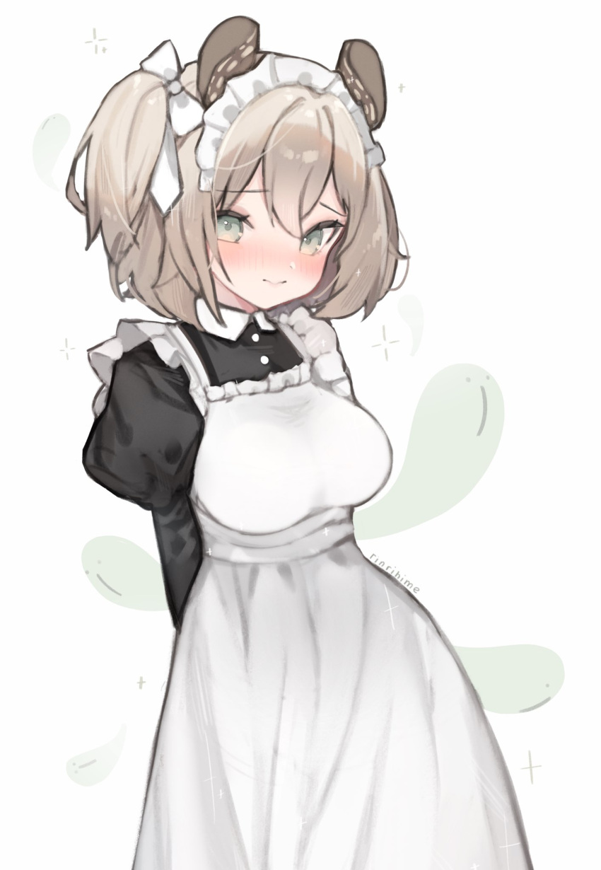 1girl, animal_ears, apron, arms_behind_back, blush, bow, breasts, brown_hair