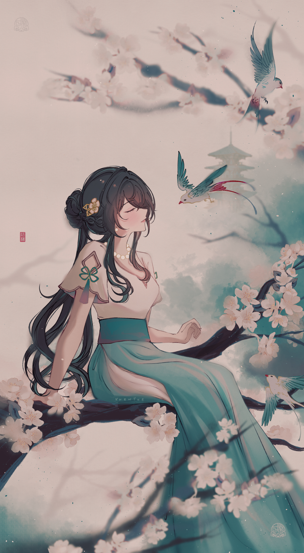 1girl, black_hair, braid, chocolat_(momoiro_piano), closed_eyes, highres, long_hair, smile
