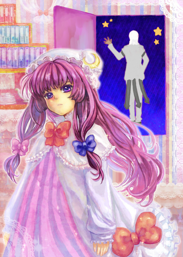 1boy, 1girl, blue_ribbon, book, bookshelf, bow, crescent, crescent_hat_ornament