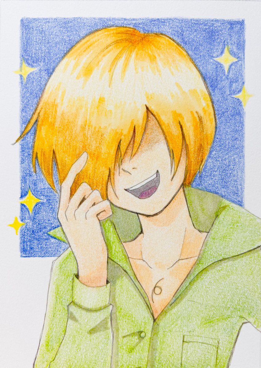 1boy, collarbone, collared_shirt, colored_pencil_(medium), green_shirt, hair_over_eyes, highres, long_sleeves