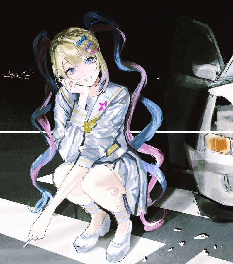 1girl, bingi, blonde_hair, blue_eyes, blue_hair, car, chouzetsusaikawa_tenshi-chan, cigarette