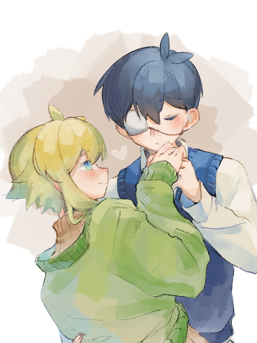 2boys, alternate_sleeve_length, antenna_hair, basil_(faraway)_(omori), basil_(omori), black_hair, black_sweater_vest, blonde_hair
