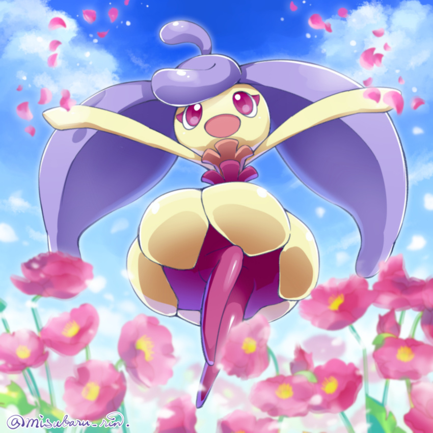 1girl, absurdres, ahoge, alternate_color, arms_up, artist_name, big_hair, blue_background, blue_sky, blurry, blurry_foreground, clouds, colored_skin, commentary, day, flower, full_body, happy, highres, jumping, leg_up, long_hair, looking_up, misubaru_rin, monster_girl, multicolored_skin, no_feet, open_mouth, outdoors, outstretched_arms, pink_flower, plant_girl, pokemon, pokemon_(creature), purple_skin, shiny_pokemon, shiny_skin, signature, sky, smile, solo, spread_arms, steenee, throwing, throwing_petals, twintails, twitter_username, two-tone_skin, very_long_hair, violet_eyes, white_skin
