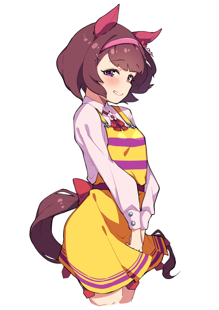 1girl, absurdres, animal_ears, blush, brown_hair, commentary, ear_covers, hairband