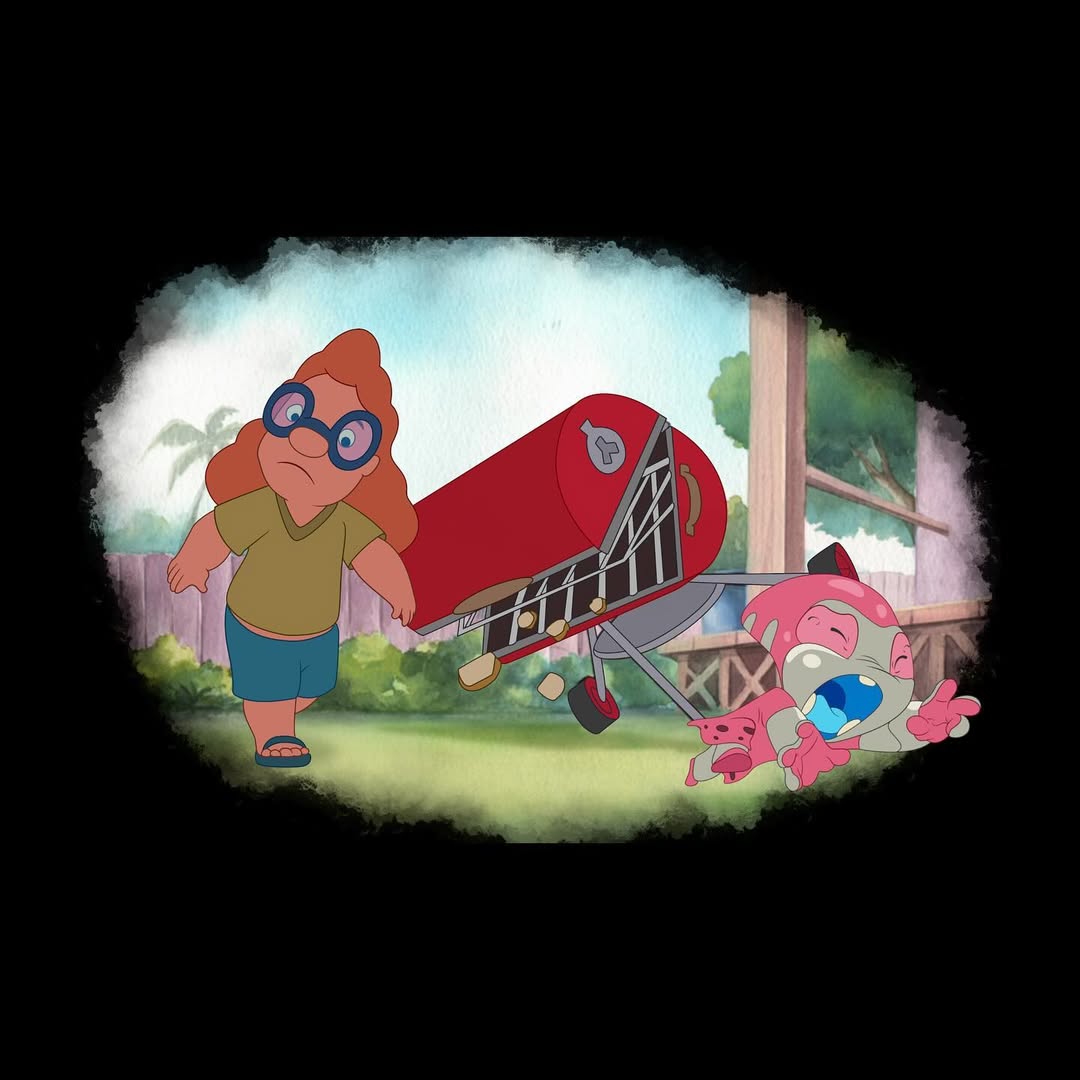 1girl, alien, backyard, black_background, blue_glasses, blue_shorts, cousins, creature