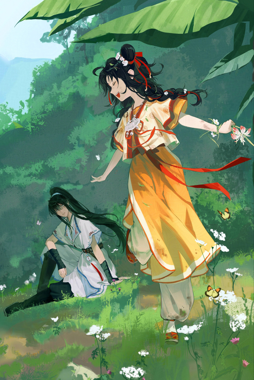 11618081, 2girls, absurdres, aged_down, ahoge, alternate_costume, black_boots, black_hair, black_pants, blue_sky, boots, bracelet, braid, braided_twintails, bug, bush, butterfly, chinese_clothes, dirty, dirty_clothes, dirty_face, dirty_hands, dress, earrings, flower, flower_bracelet, grass, grey_eyes, hair_between_eyes, hair_bun, hanfu, high_ponytail, highres, holding, holding_flower, jade_(gemstone), jewelry, long_hair, mountain, multiple_girls, necklace, open_clothes, open_shirt, outdoors, outstretched_arms, palm_leaf, pants, pants_under_dress, path_to_nowhere, ponytail, puffy_pants, rahu_(path_to_nowhere), red_sash, red_shoes, running, sash, shirt, shoes, short_sleeves, silver_earrings, silver_necklace, sitting, sky, smile, tassel, teeth, tree, twintails, upper_teeth_only, white_hanfu, white_pants, wrist_wrap, yao_(path_to_nowhere), yellow_butterfly, yellow_dress, yellow_shirt