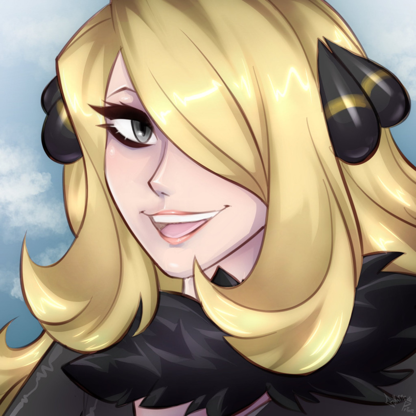 1girl, black_dress, black_eyes, blonde_hair, blue_background, commentary, cynthia_(pokemon), dress, english_commentary, eyelashes, gothiccprince, highres, looking_at_viewer, nose, one_eye_covered, open_mouth, pokemon, pokemon_dppt, portrait, smile, solo, teeth, upper_teeth_only
