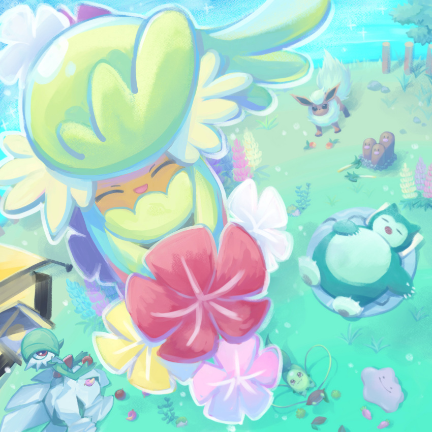 1girl, ^_^, animal_focus, apricorn, berry_(pokemon), chikorita, closed_eyes, comfey