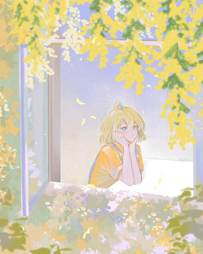 1girl, absurdres, ahoge, angelelisha_art, aqua_eyes, beads, blonde_hair, blush, english_commentary, falling_petals, flower, hair_beads, hair_ornament, hands_on_own_cheeks, hands_on_own_face, head_rest, highres, medium_hair, millie_parfait, nijisanji, nijisanji_en, nose_blush, open_window, orange_shirt, overalls, petals, shirt, sitting, solo, virtual_youtuber, window