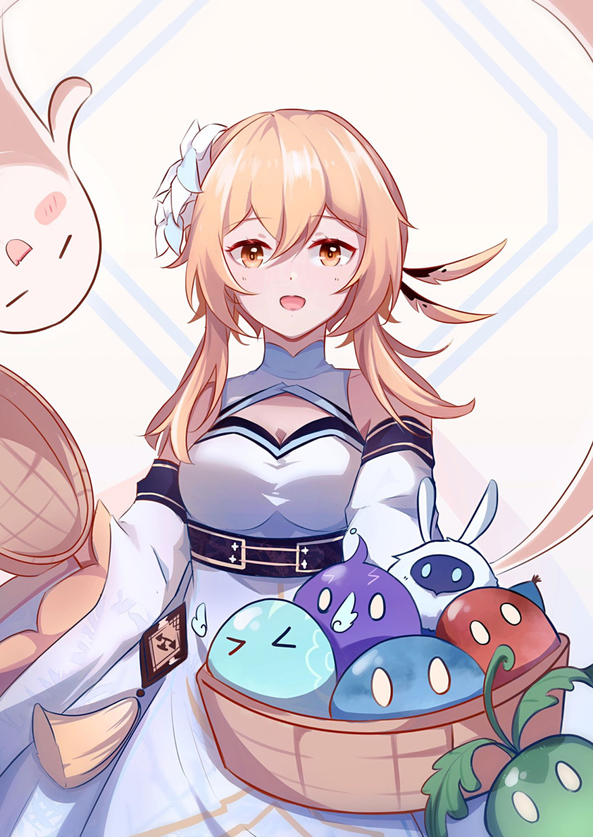 1girl, abyss_mage_(genshin_impact), anemo_slime_(genshin_impact), basket, blonde_hair, blue_dress, catmelon_(user_melon010203), chinese_commentary