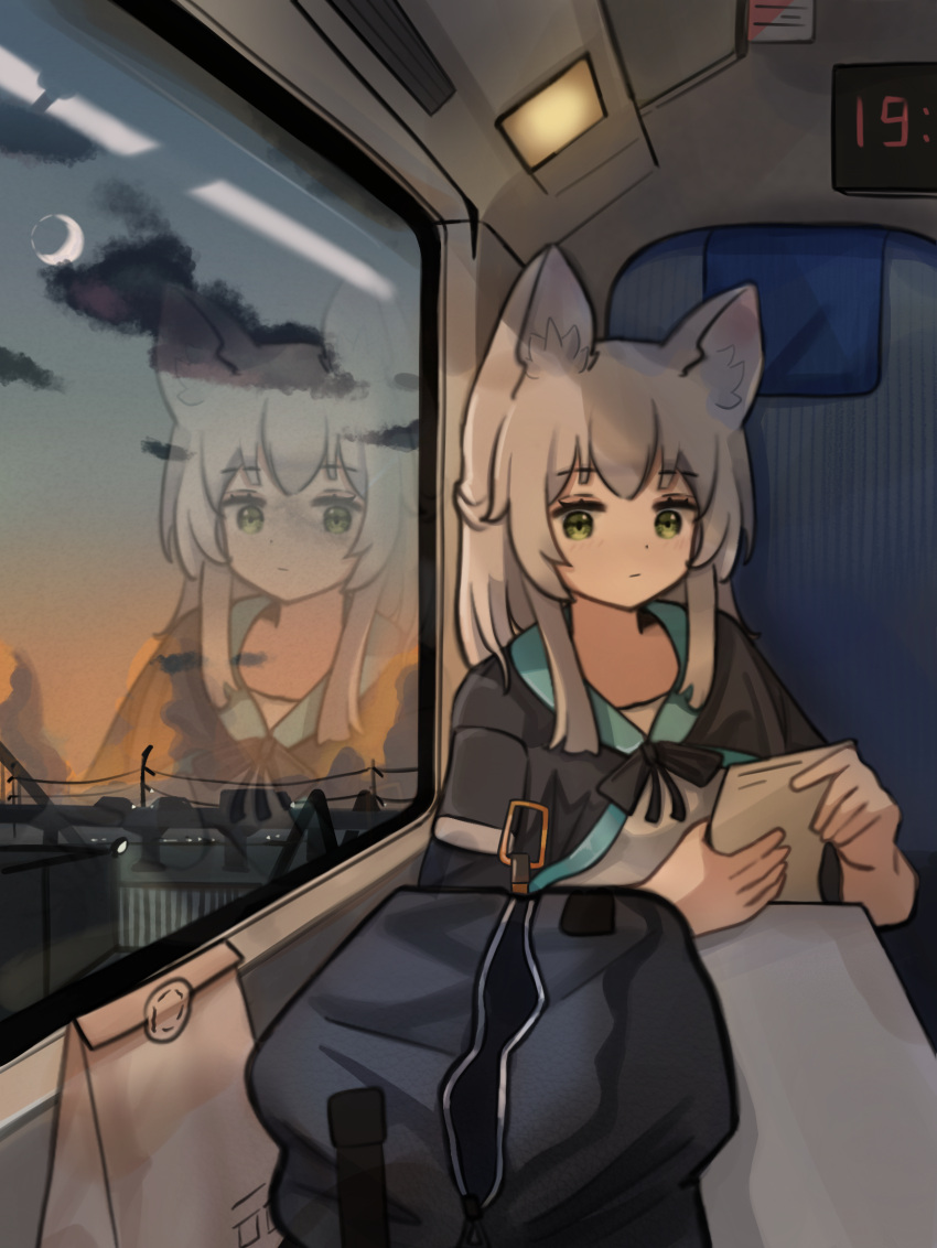 1girl, animal_ears, arknights, bag, cai_ling, clouds, crescent_moon, evening