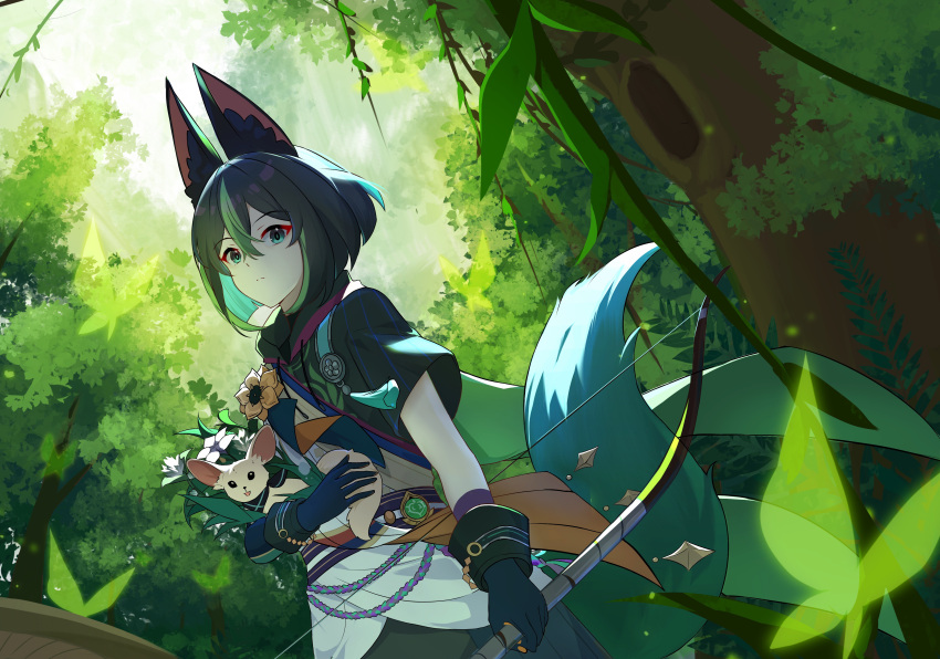 1boy, absurdres, animal, animal_ears, black_gloves, black_hair, bow_(weapon), bug