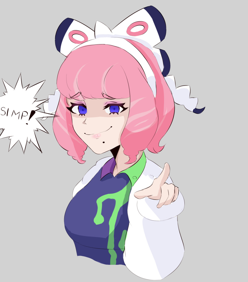 1girl, absurdres, bow, breasts, collared_shirt, cropped_torso, drill_hair, english_text, eyeshadow, flipped_hair, fur_jacket, hair_bow, hairband, highres, jacket, klara_(pokemon), looking_at_viewer, makeup, medium_breasts, mole, mole_under_mouth, pink_eyeshadow, pink_hair, pink_lips, pointing, pointing_at_viewer, pokemon, pokemon_swsh, print_shirt, raised_eyebrows, shaded_face, shirt, short_hair, slavicman6, smile, smug, solo, speech_bubble, twin_drills, violet_eyes, white_bow, white_hairband
