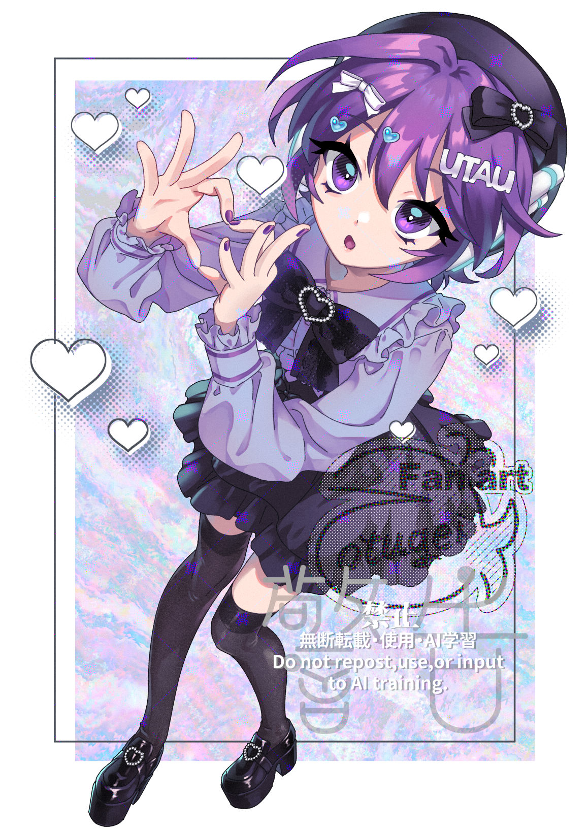 1girl, 4-finger_heart_hands, alternate_costume, alternate_footwear, artist_name, beret, black_bow, black_bowtie