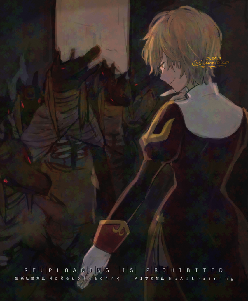 1girl, anubis_(ragnarok_online), black_dress, blonde_hair, closed_mouth, commentary_request, cowboy_shot, dress