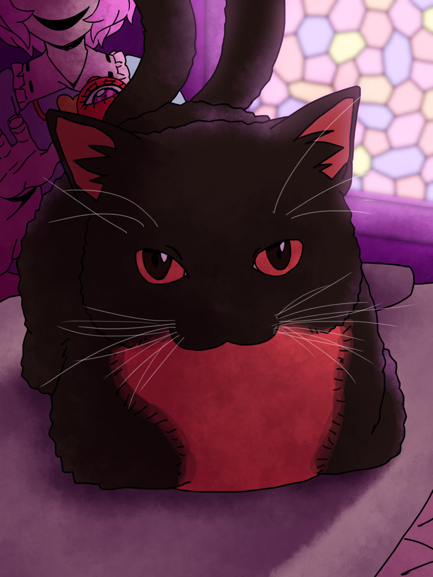 1girl, :3, absurdres, animal_focus, black_cat, blue_shirt, cat, cat_loaf, commentary, commission, eddybird55555, frilled_shirt_collar, frills, highres, kaenbyou_rin, kaenbyou_rin_(cat), komeiji_satori, looking_at_viewer, multiple_tails, open_mouth, pink_hair, red_eyes, shirt, short_hair, smile, solo, stained_glass, tail, third_eye, touhou, two_tails, uni_(cat), upper_body