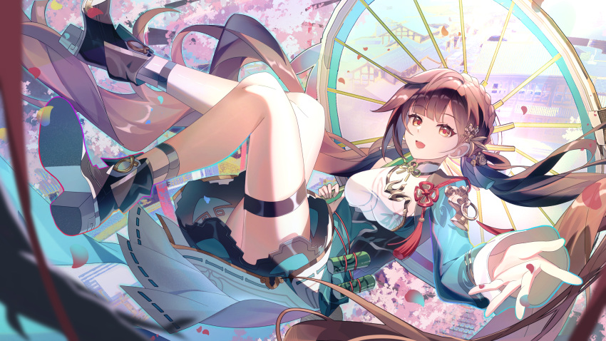 1girl, absurdres, ankle_belt, black_boots, boots, braid, brown_eyes, brown_hair