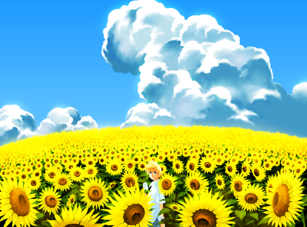 blonde_hair, blue_eyes, cloud, clouds, danbo_(symbols), flower, food, ice_cream