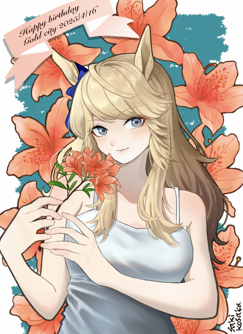1girl, animal_ears, banner, blonde_hair, blue_eyes, dated, english_text, fingernails