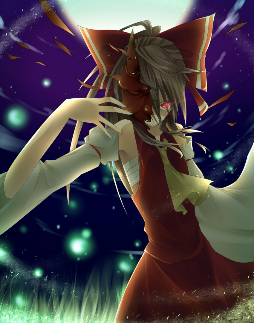 absurdres, amese_hiyori, bow, detached_sleeves, full_moon, glowing, glowing_eyes, hair_bow