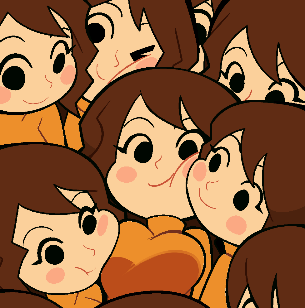 6+girls, :>, black_eyes, blush, blush_stickers, breasts, brown_hair, cheek-to-cheek, cheek_press, chibi, clone, closed_mouth, commentary, dress, dummy_girl_(mii), everyone, happy, heads_together, large_breasts, long_hair, looking_at_viewer, medium_hair, mii_(nintendo), mob_face, multiple_girls, nintendo, one_eye_closed, orange_dress, orange_shirt, orange_sweater, scott_falco, shirt, smile, sun, sweater, turtleneck