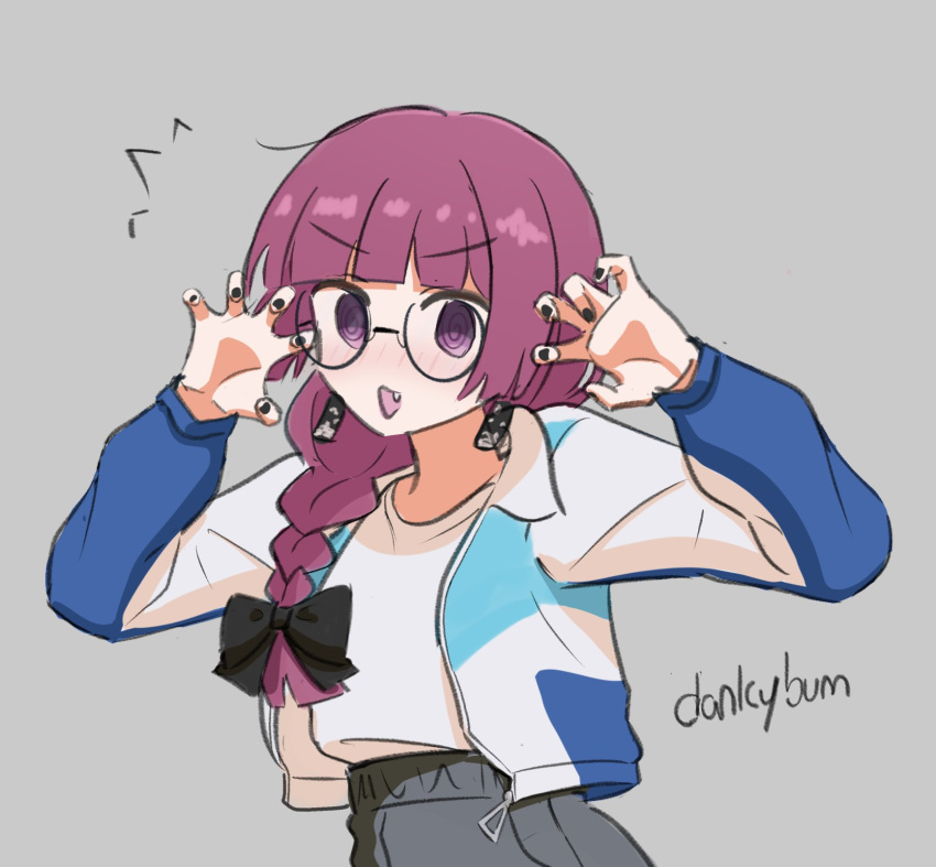 1girl, @_@, alternate_costume, artist_name, black-framed_eyewear, black_nails, blunt_bangs, blush, bocchi_the_rock!, braid, dankybum, earrings, fang, glasses, grey_background, highres, hiroi_kikuri, jacket, jewelry, long_hair, long_sleeves, open_mouth, red_eyes, red_hair, shirt, simple_background, single_braid, sketch, solo, t-shirt, white_shirt