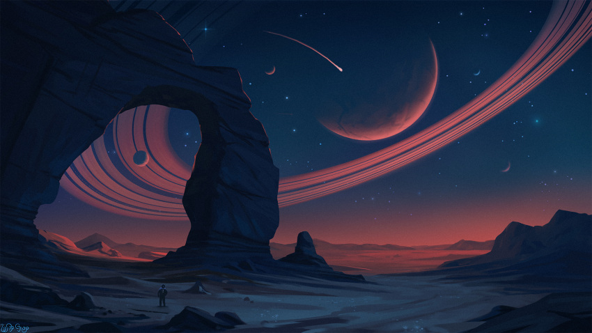 commentary, desert, english_commentary, falling_star, highres, landscape, mountainous_horizon, original, painterly, planet, rock, sand, saturn_(planet), science_fiction, sky, space, star_(sky), wopgnop