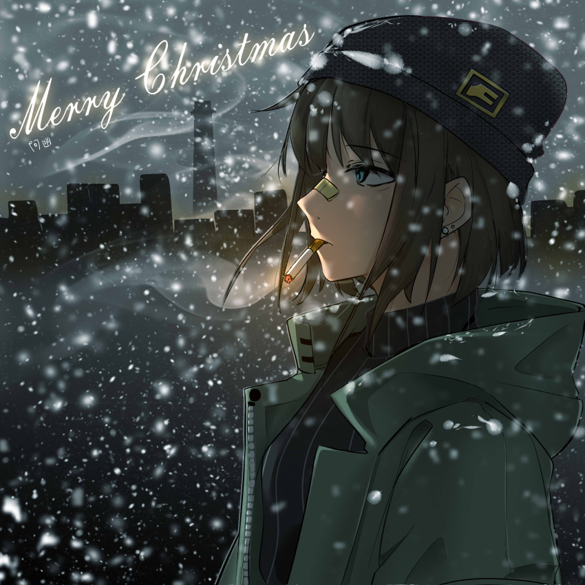 1girl, absurdres, ayou_(aukuamani), beanie, christmas, cigarette, clouds, cloudy_sky