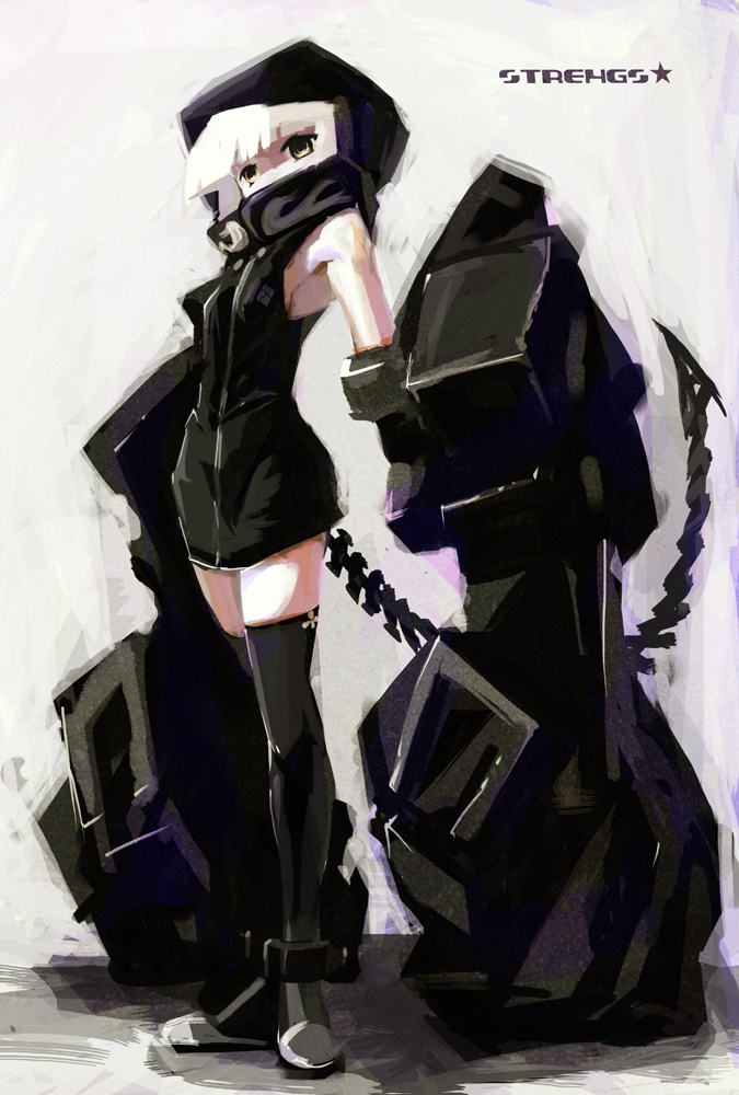 hoodie, short_hair, simonori, solo, strength_(black_rock_shooter), tail, thigh-highs, thighhighs, white_hair, yellow_eyes, zettai_ryouiki