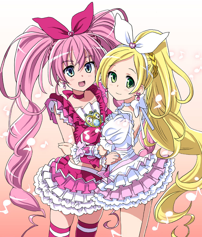 blonde_hair, blue_eyes, choker, cure_melody, cure_rhythm, dress, green_eyes, hair_ribbon
