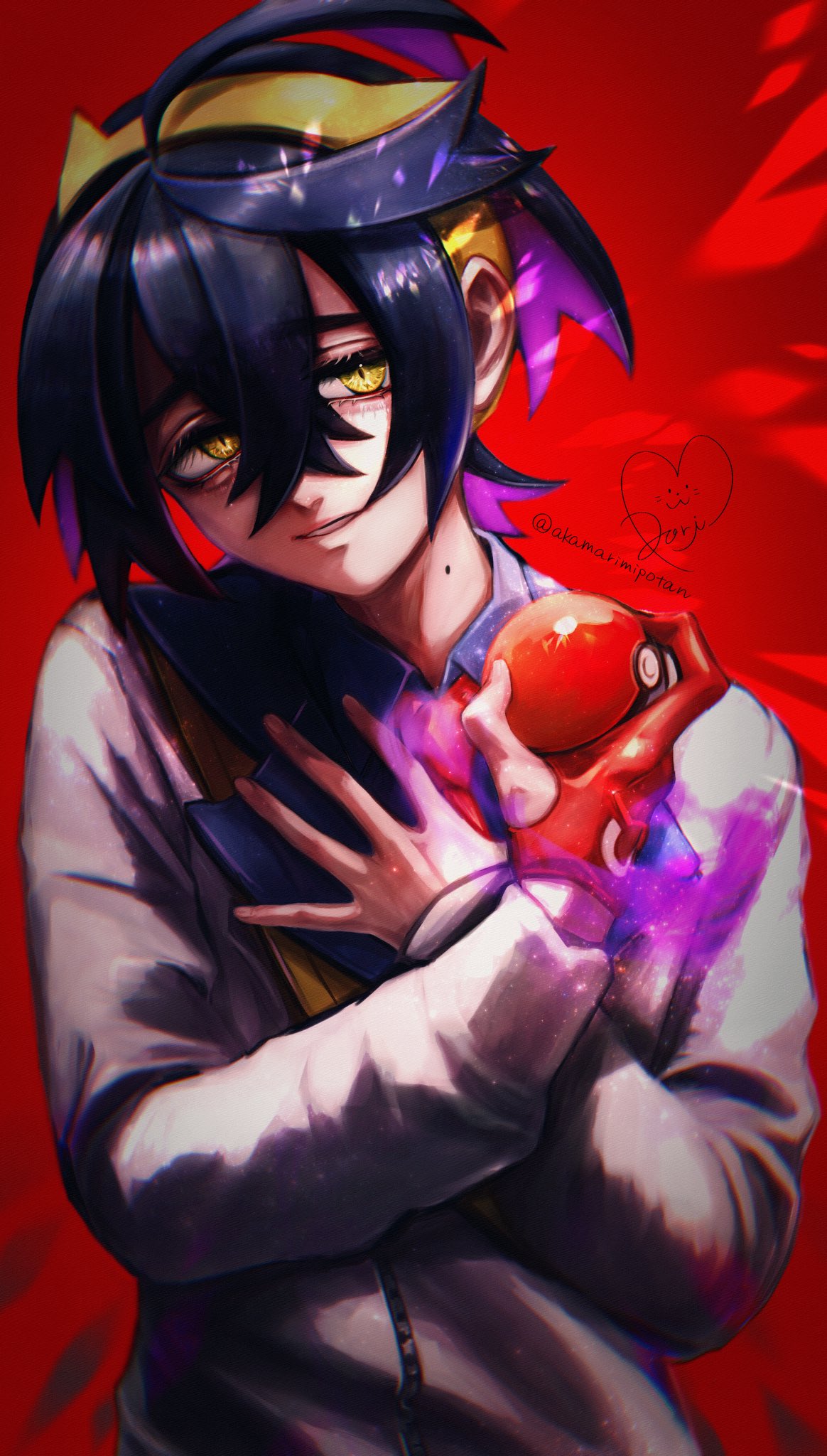 1boy, black_hair, colored_inner_hair, crossed_bangs, gloves, hair_between_eyes, hairband, hand_on_own_chest