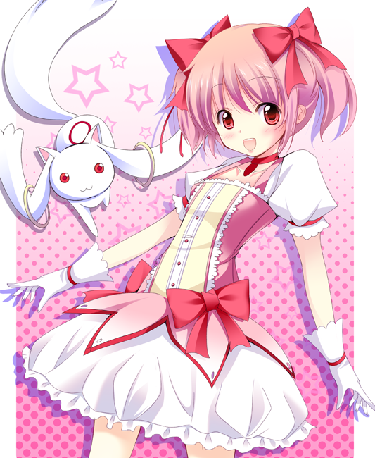 bow, bows, bubble_skirt, gloves, kaname_madoka, kyubey, kyuubee, magical_girl