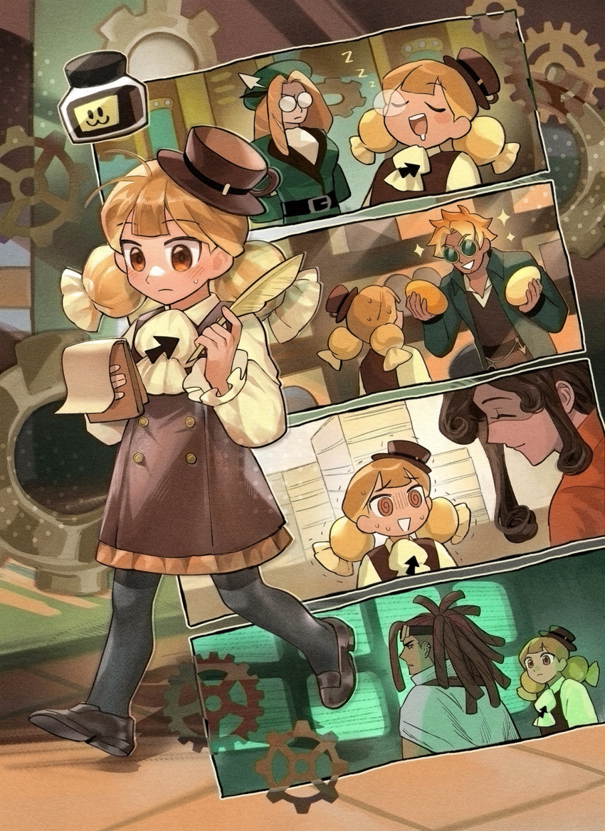 2boys, 3girls, :3, @_@, absurdres, ascot, baguette, baguette_cookie