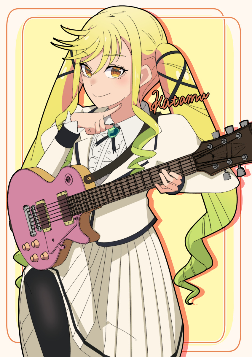 1girl, absurdres, black_theme, blonde_hair, drill_hair, drill_sidelocks, guitar, highres
