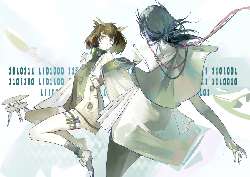 2girls, absurdres, arknights, arms_at_sides, bad_anatomy, bad_hands, binary, black_pantyhose, blue_hair, brown_eyes, brown_hair, cantabile_(arknights), capelet, chinese_commentary, coat, commentary_request, dress, drone, facing_away, feather_hair, glasses, green_dress, highres, infection_monitor_(arknights), lab_coat, looking_at_viewer, minton1senci, multiple_girls, pantyhose, short_hair, silence_(arknights), simple_background, test_tube, white_background, white_capelet, white_coat