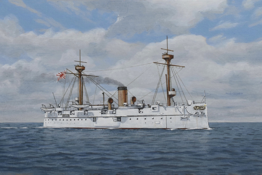 acrylic_paint_(medium), atelier_bono, blue_sky, cannon, clouds, cloudy_sky, cruiser, flag