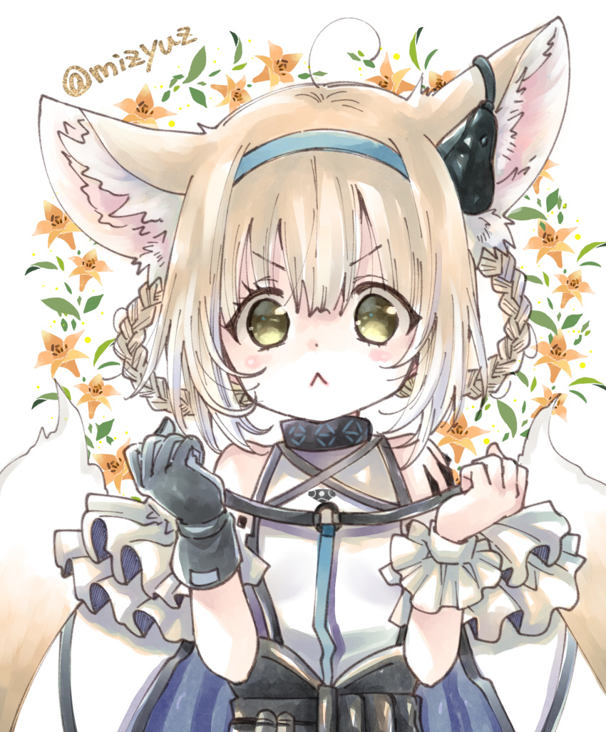 1girl, :<, ahoge, animal_ears, arknights, bare_shoulders, black_gloves, blonde_hair