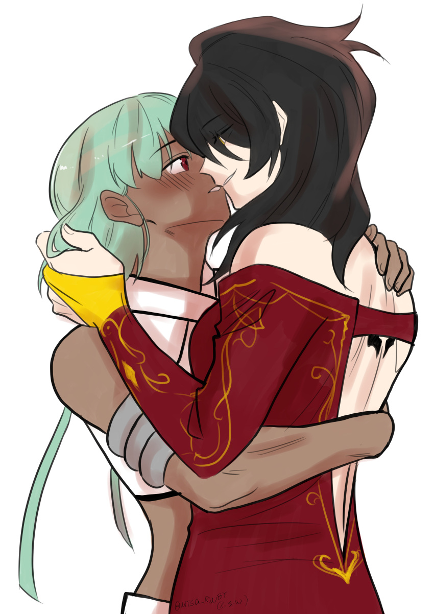 2girls, absurdres, back_tattoo, black_hair, breasts, cinder_fall, dark-skinned_female, dark_skin