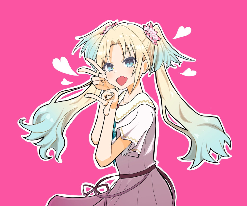 1girl, :d, ascot, blonde_hair, blue_eyes, blue_hair, commentary, cowboy_shot