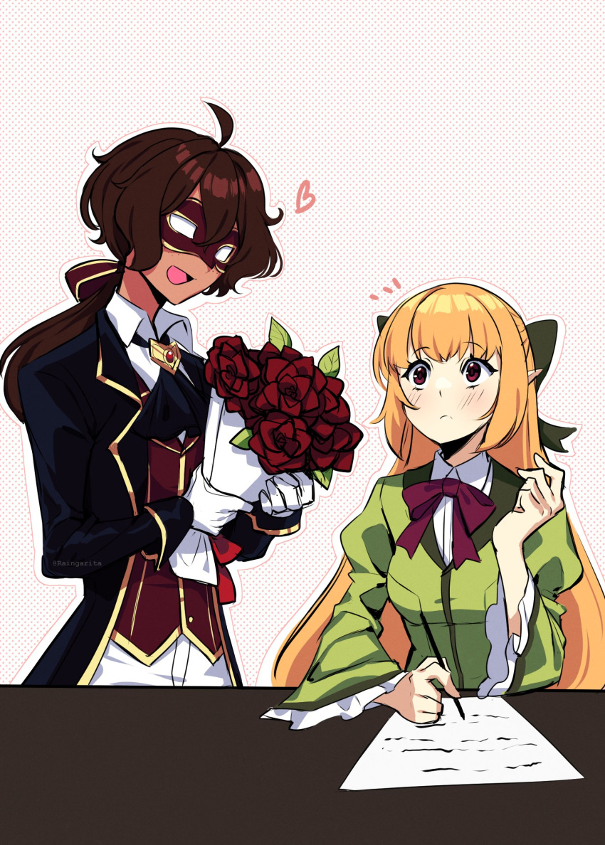 1boy, 1girl, blue_coat, blunt_bangs, boots, bouquet, bow, brown_hair