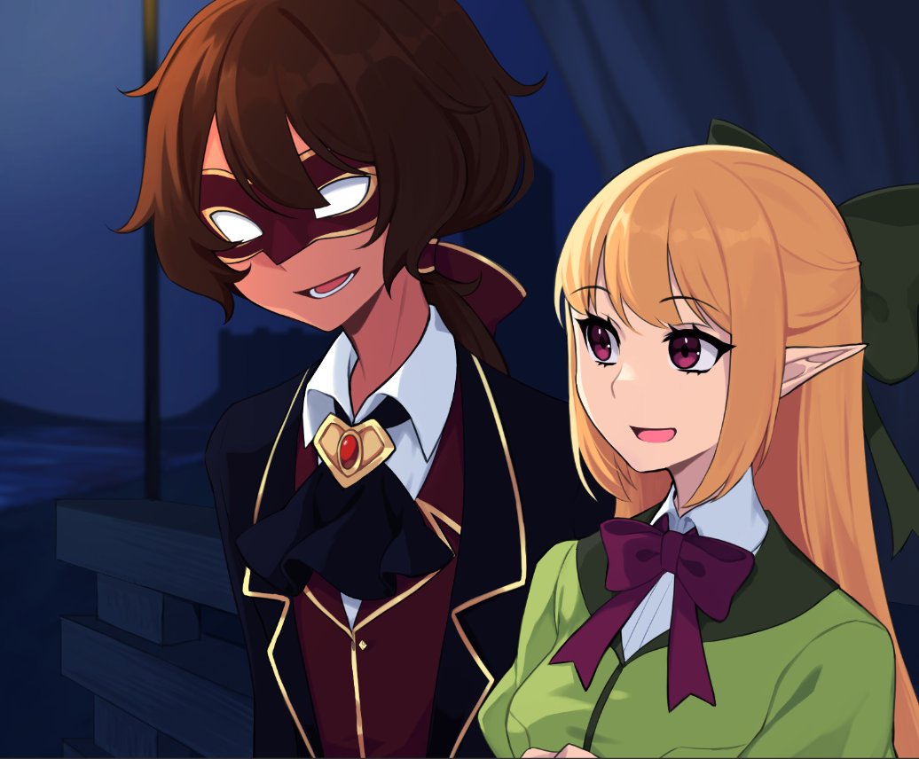 1boy, 1girl, blue_coat, blunt_bangs, bow, brown_hair, coat, dark-skinned_male