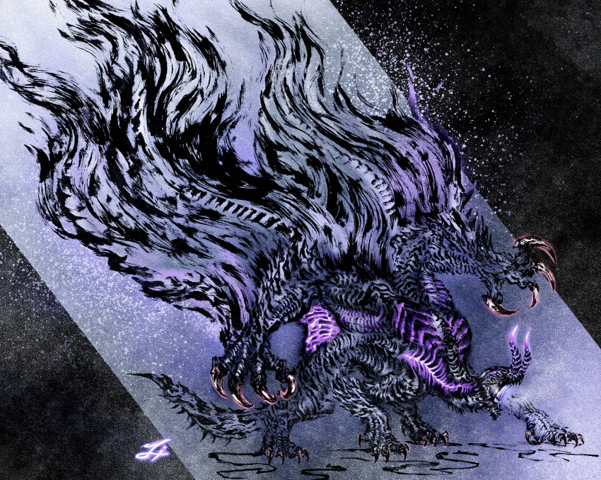 absurdres, calligraphy_brush_(medium), claws, deadpool_yuchan, dragon, extra_arms, full_body, gore_magala