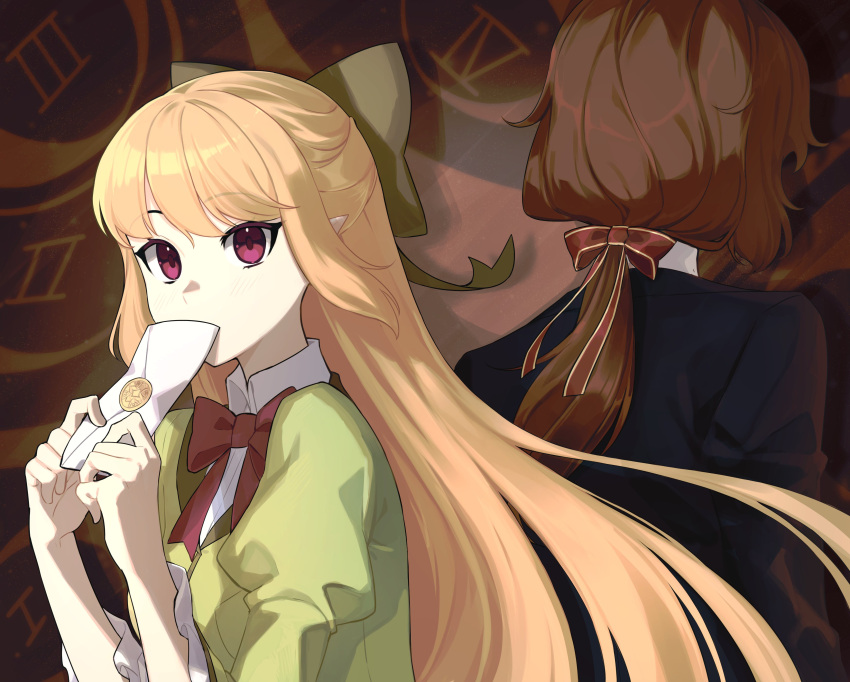 1boy, 1girl, absurdres, back-to-back, blue_coat, blunt_bangs, bow, coat