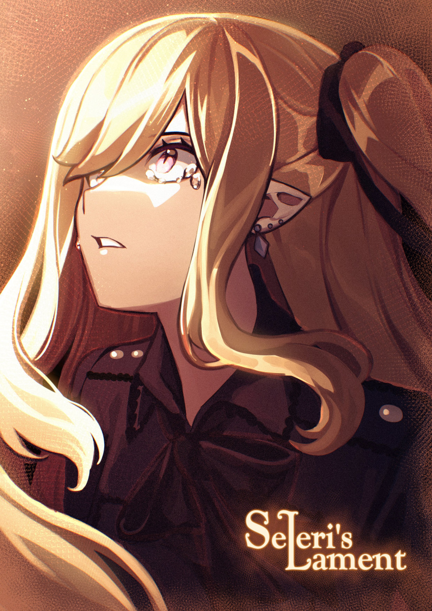 1girl, absurdres, brown_shirt, commentary, crying, crying_with_eyes_open, earrings, hair_ornament