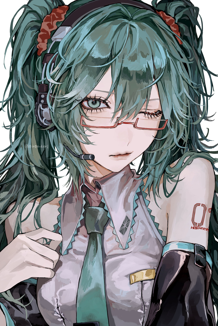 1girl, absurdres, aegyo_sal, airen_kori, alternate_eyewear, aqua_eyes, aqua_hair, aqua_necktie, detached_sleeves, eyelashes, glasses, hair_ornament, hair_scrunchie, hatsune_miku, headset, highres, lips, necktie, one_eye_closed, scrunchie, shirt, shoulder_tattoo, sleeveless, sleeveless_shirt, solo, tattoo, twintails, vocaloid