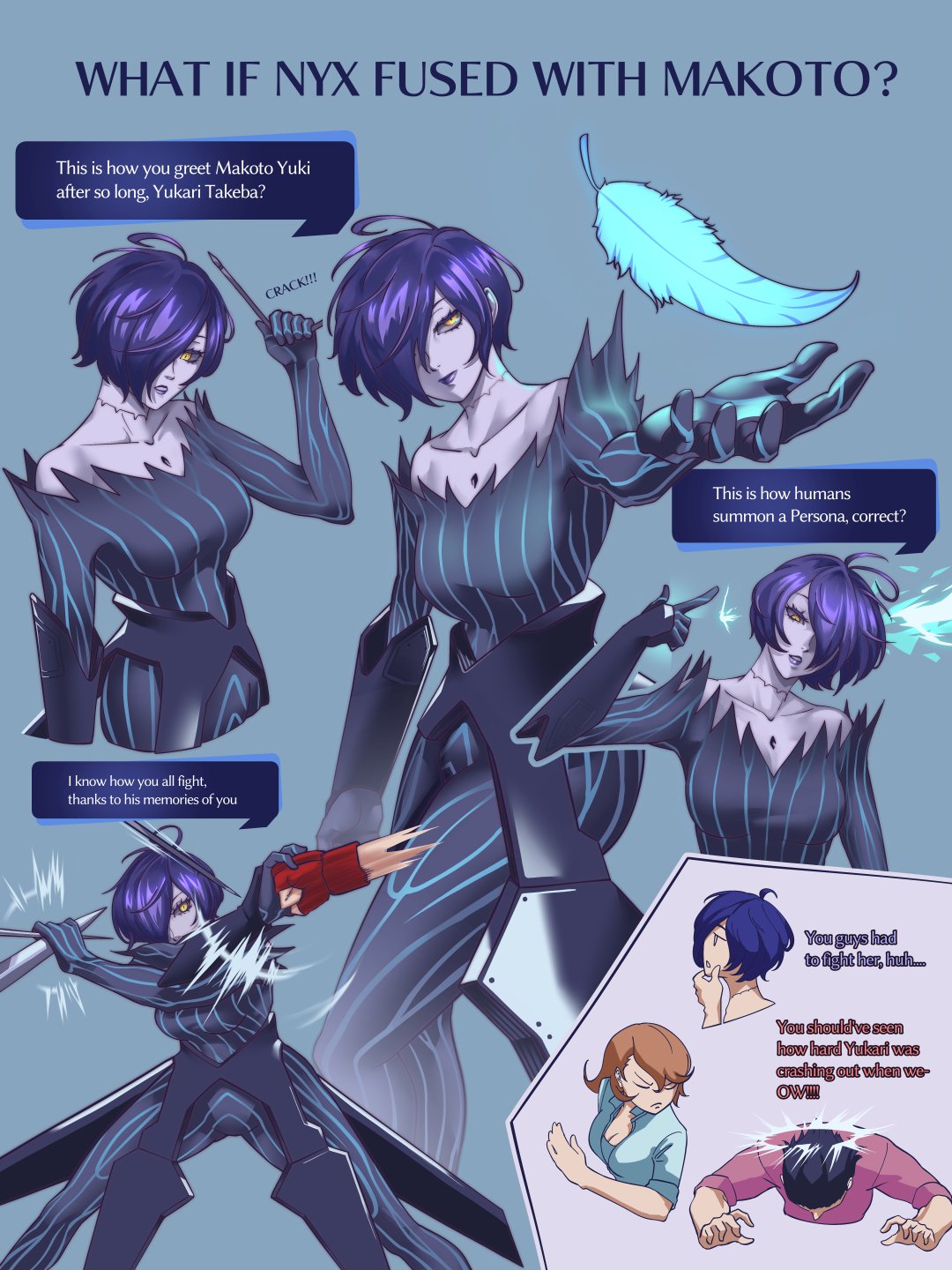 1girl, 2boys, bare_shoulders, black_sclera, blue_hair, breasts, colored_sclera, colored_skin