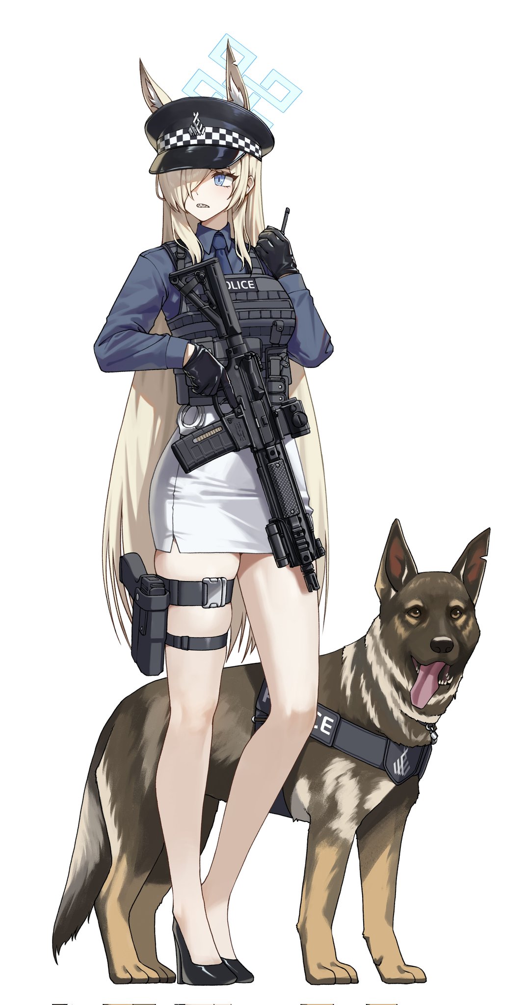 alfie_(tmdals7645), animal_ear_fluff, animal_ears, assault_rifle, black_gloves, blue_archive, blue_halo, bulletproof_vest