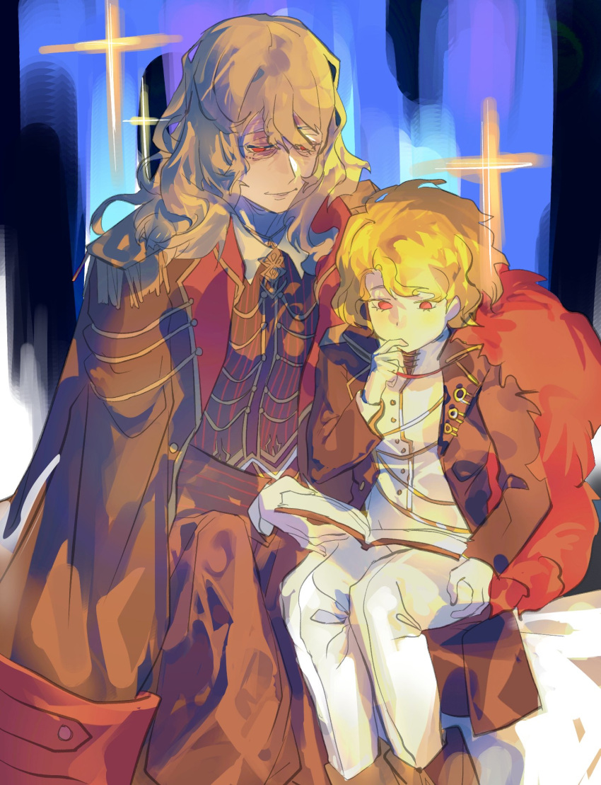 2boys, blonde_hair, book, brown_coat, character_request, coat, finger_to_mouth, highres