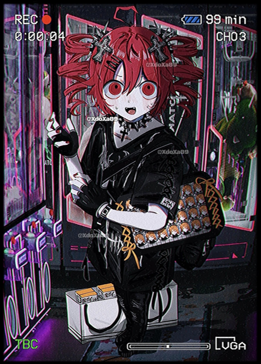 1girl, ahoge, backpack, badge, bag, black_coat, black_gloves, black_pants