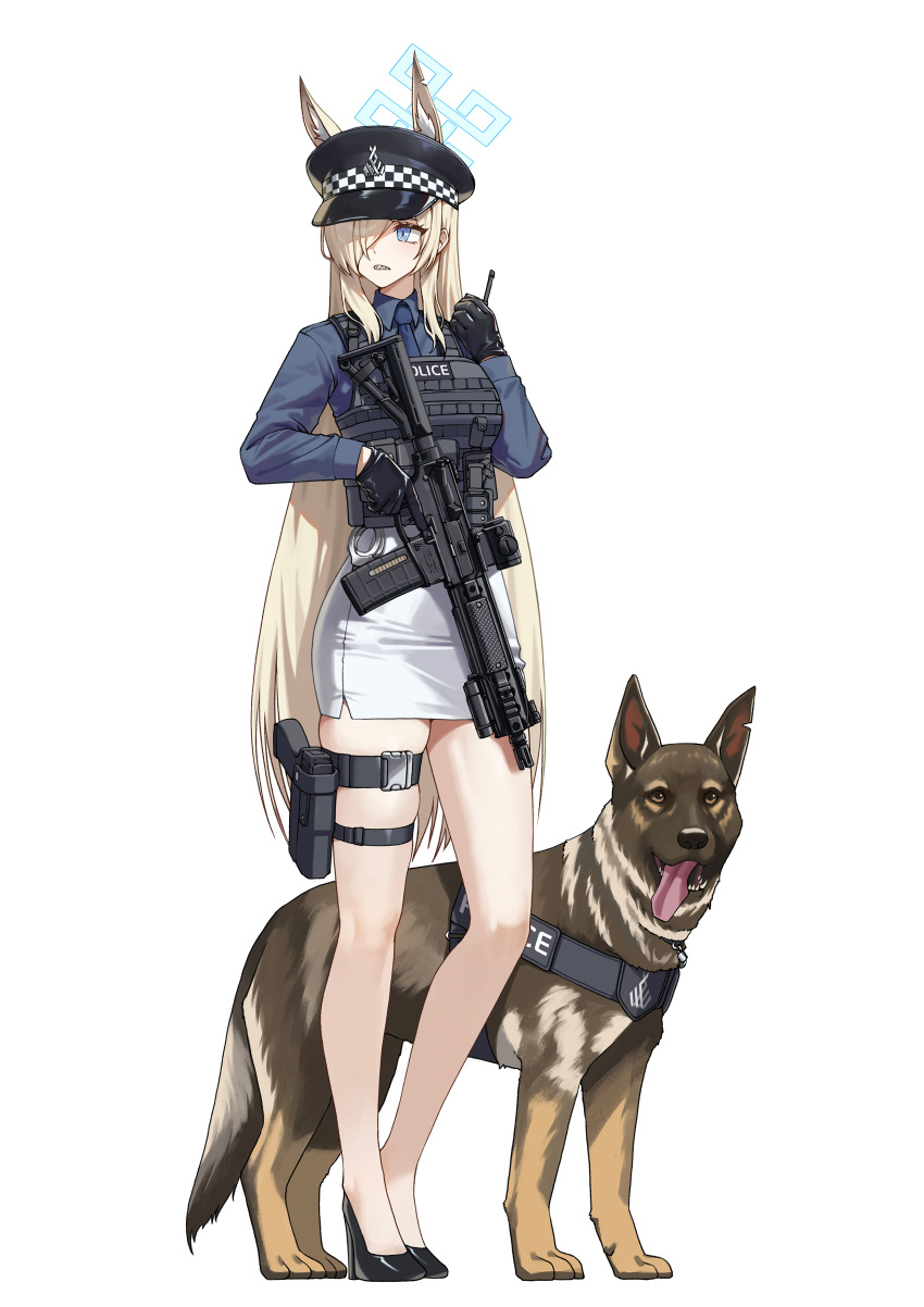 1girl, absurdres, alfie_(tmdals7645), alternate_costume, animal_ear_fluff, animal_ears, assault_rifle, black_hat